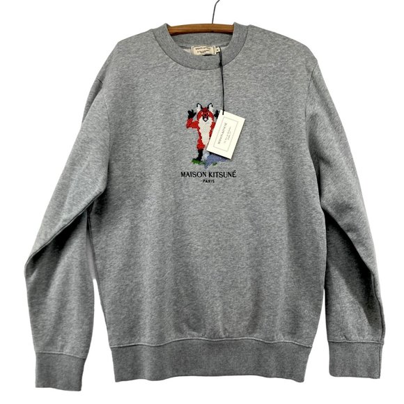 Maison Kitsune Men's Grey Pixel Fox Crewneck Sweatshirt Long Sleeve Size M NWT - Picture 1 of 10